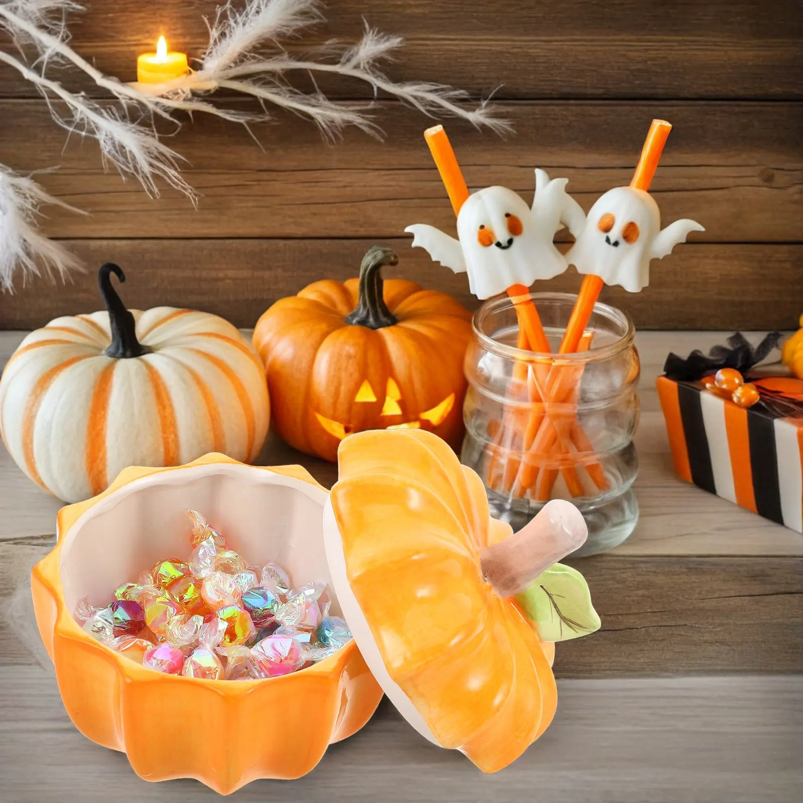 Ceramic Pumpkin Candy Jar Airtight Lid Kitchen Storage Container Halloween Cookie Nut Holder Decorative Candy Jars with Lids