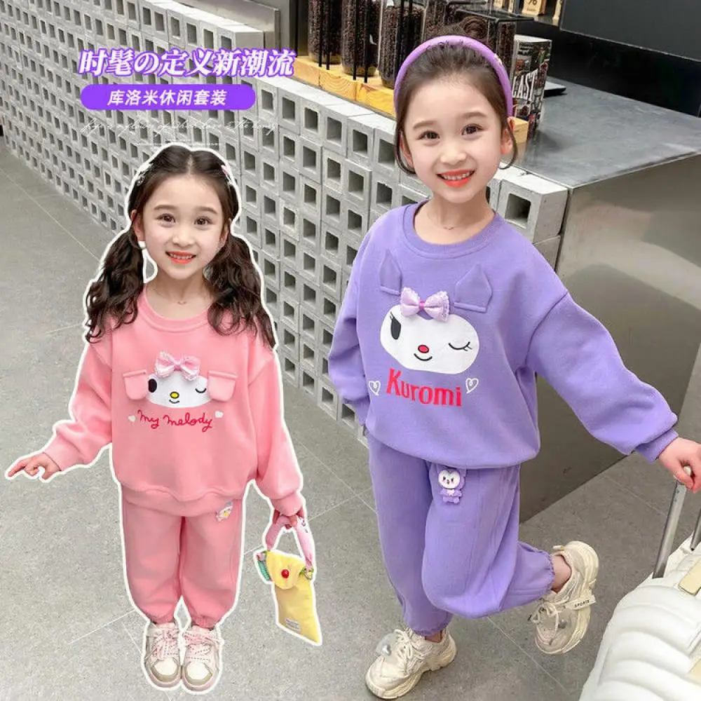 2Pcs Sanrio Anime Melody Spring Autumn Girls Sports Casual Pants Set Kawaii Kuromi Child Cartoon Fashion T-Shirt Pants Clothing