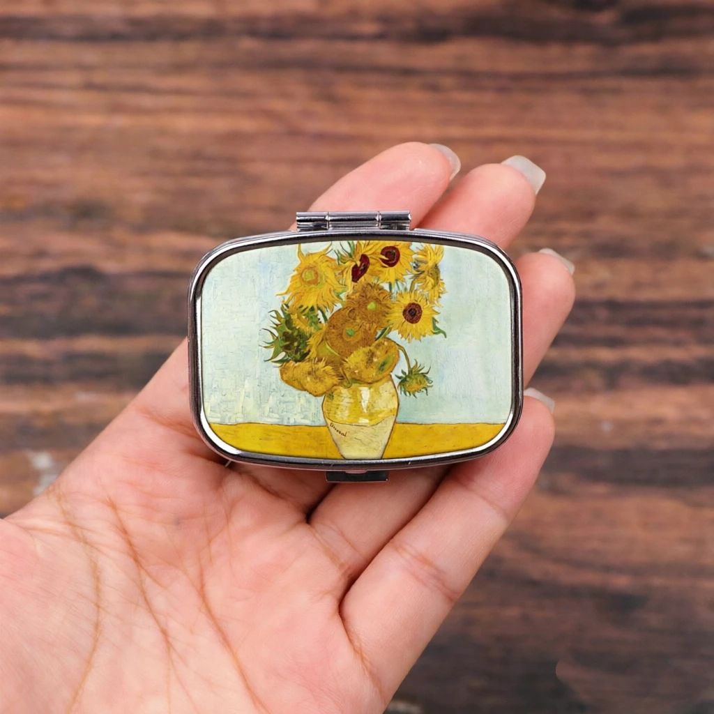 2 Compartments Metal Pill Box, Van Gogh Sunflower Print Portable Pocket Pill Case, Mini Travel Medicine Storage Container