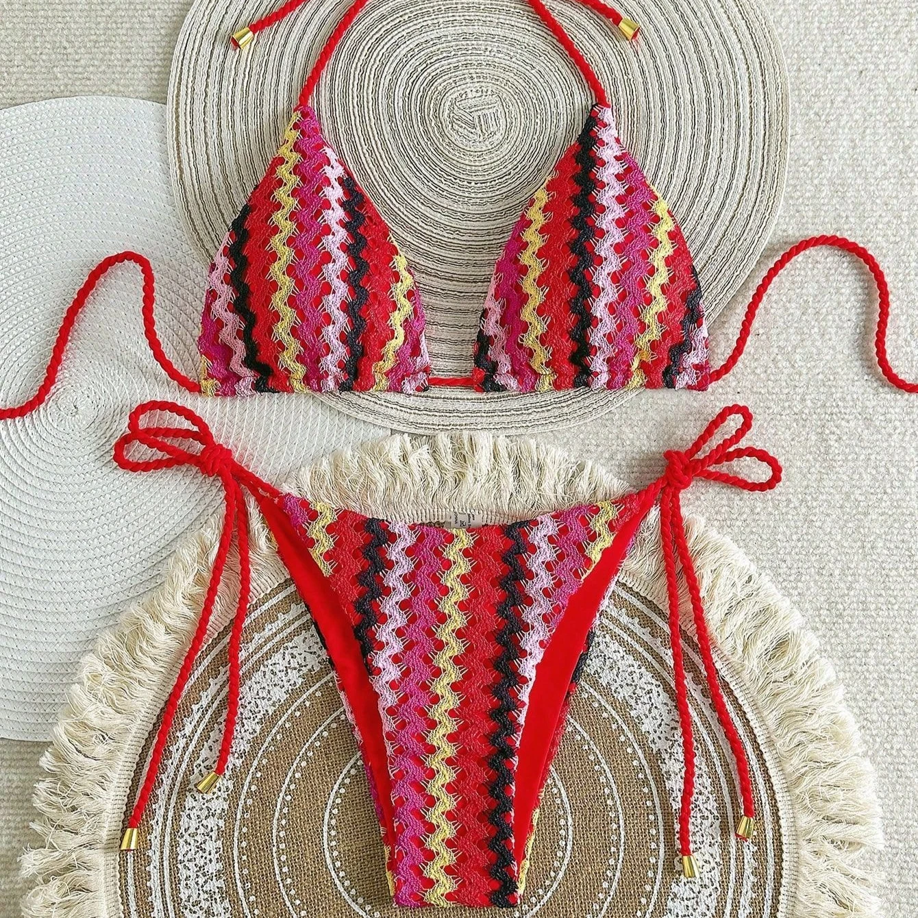 

New Sexy Crochet Bikini Set with Adjustable Ties Separate Swimwear Cover Up Beach Monokini Tops Bottoms Free Customization