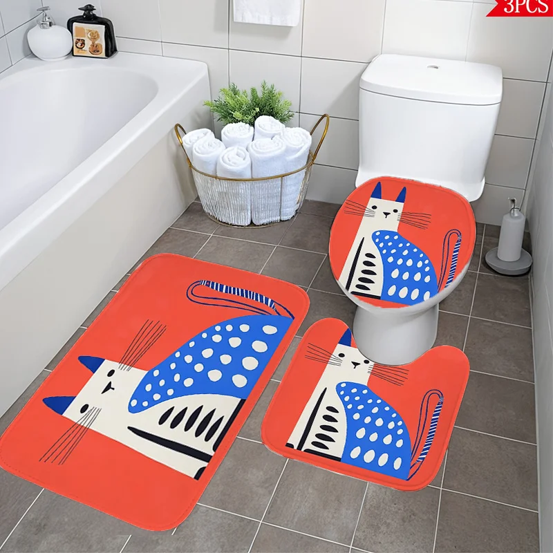 

Набор для ванной Kitten из 3 предметов: милый сине-белый котик на красном фоне, мягкий фланелевый чехол для унитаза, коврик для пола, нескользящий, машинная стирка, декор