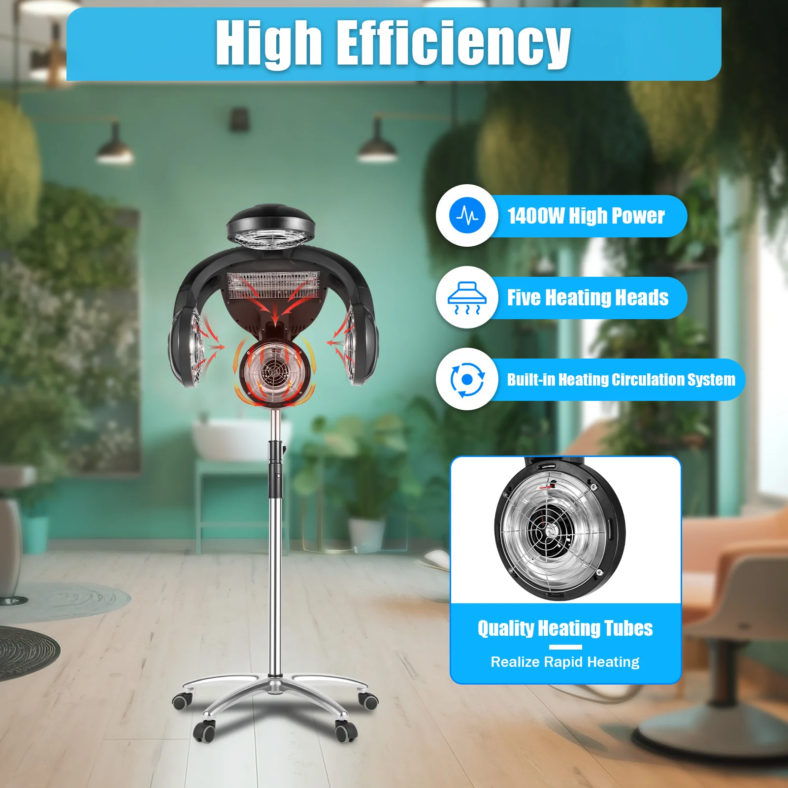Asciugacapelli Professionale da Terra 1400W con Ruote, Display LCD e Cinque Modalità per Saloni di Bellezza e Parrucchieri