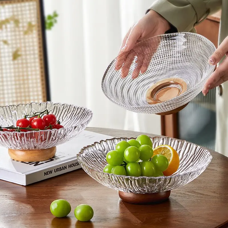 Creative Fruit Glass Bowl, Large Salad Bowl, Glass Container, Wooden Base, Appetizer, Popcorn, Nuts, Home Kitchen, Storage Room