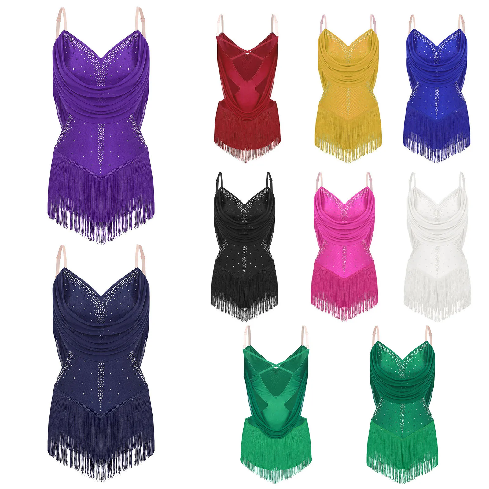 レディースラテンダンスドレスタッセルダンスレオタードキラキララインストーンフィギュアスケートチャチャサンバタンゴ社交フリンジ付きボディスーツ