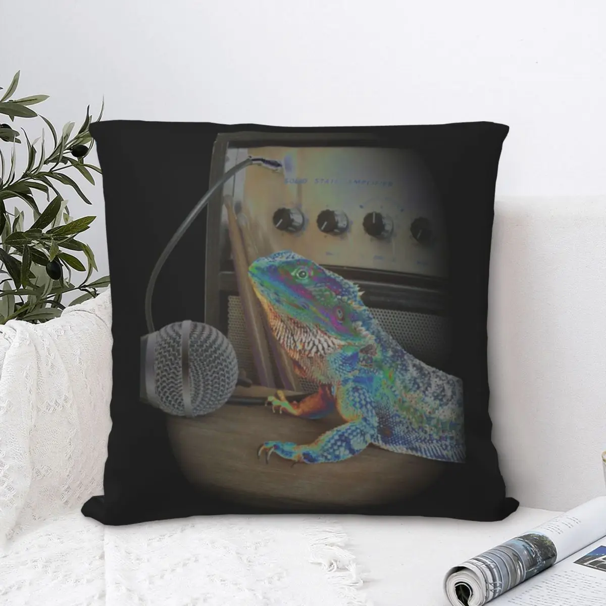 Bearded Dragon Rock Music Square Pillowcase Polyester Pillow Cover Velvet Cushion Zip Decorative Comfort Throw Pillow For Hom