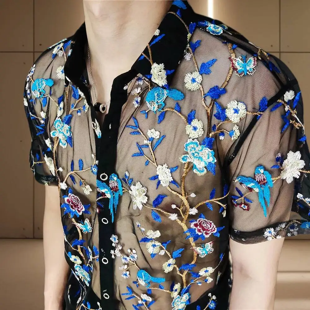 

Flower Birds Shirt Embroidery See Through Sexy Shirt 2025 Luxe Mesh Transparent Shirt Chemise Homme Summer Short Sleeve Shirt