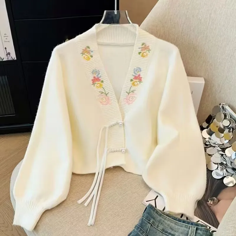 

Chinese Knot Button Knitted Cardigan Spring Autumn Embroider Short Knitted Sweater Chic Lady V-Neck Cardigans knitwear 2025