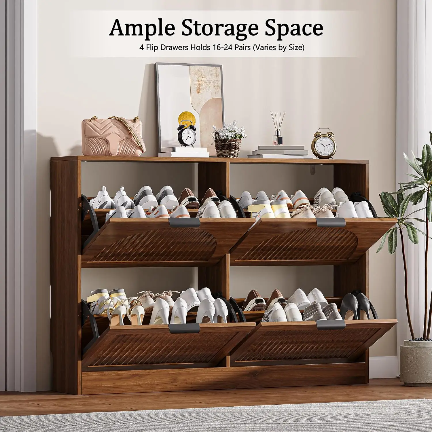 Fluted Shoe Cabinet 4 Flip Drawers Entryway Storage Walnut, Customized