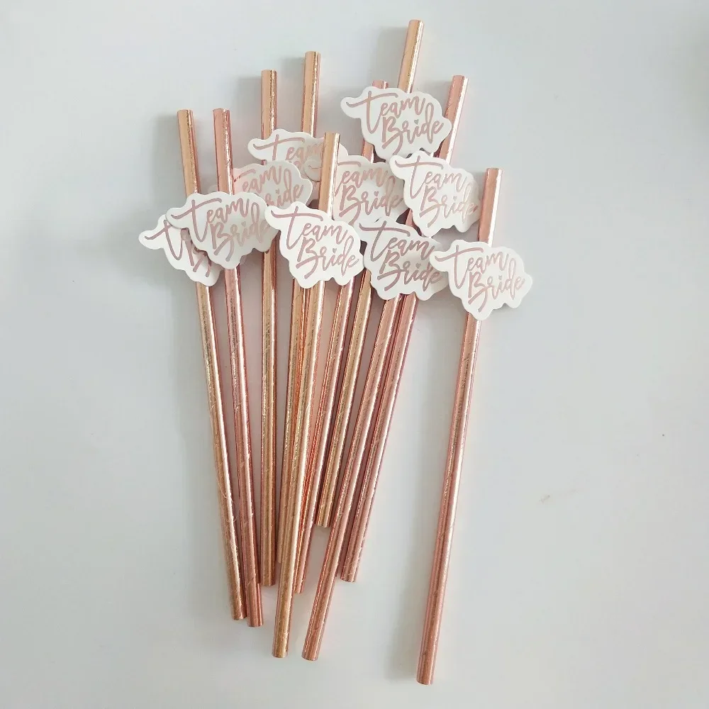 10pcs team bride Rose Gold Straw for Wedding Decoration Drinking Paper Straws To Be Hen Tableware Bachelor Party Bridal Decor