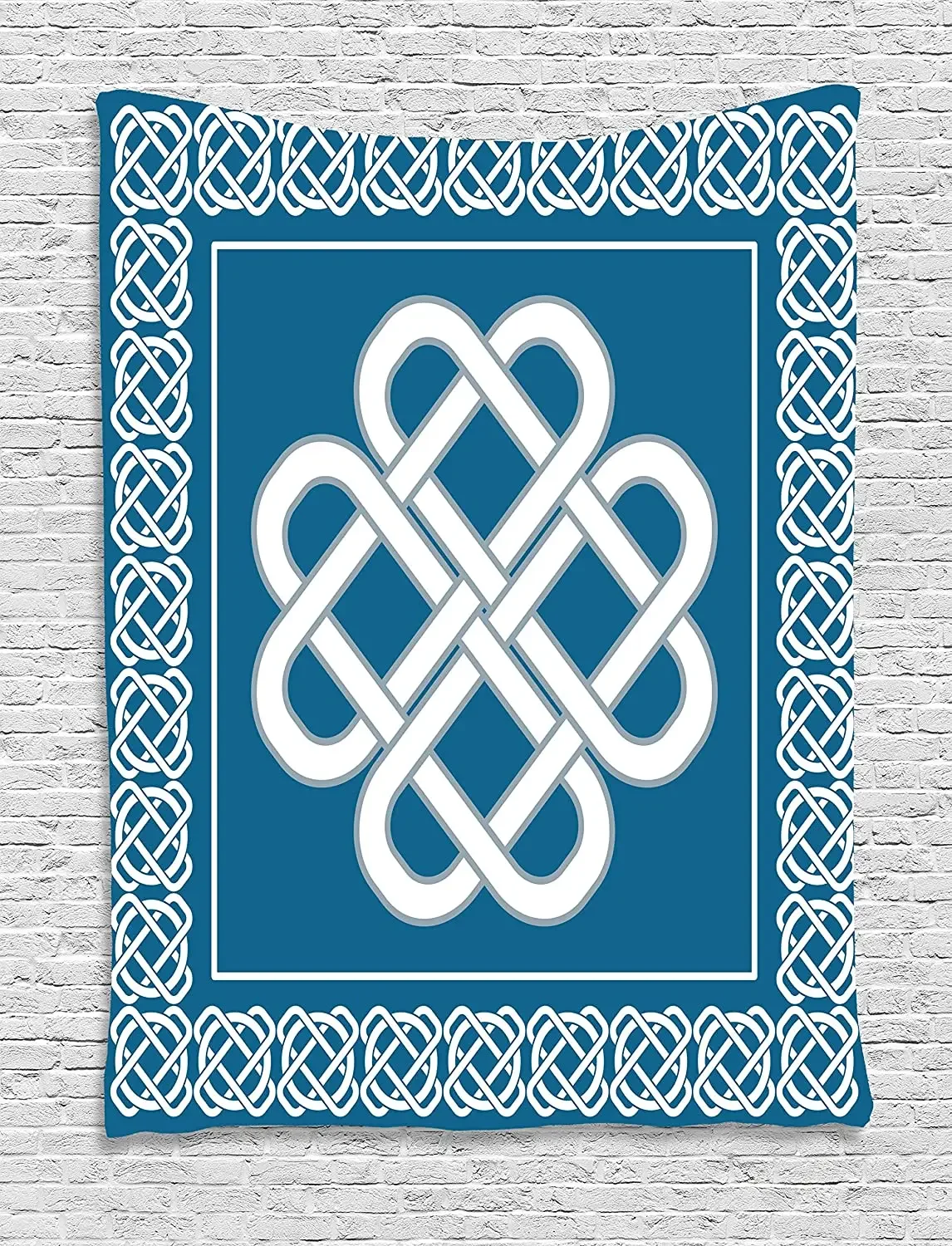 Love Knot Good Fortune Symbol Framework Border Design Table Cover Aqua White