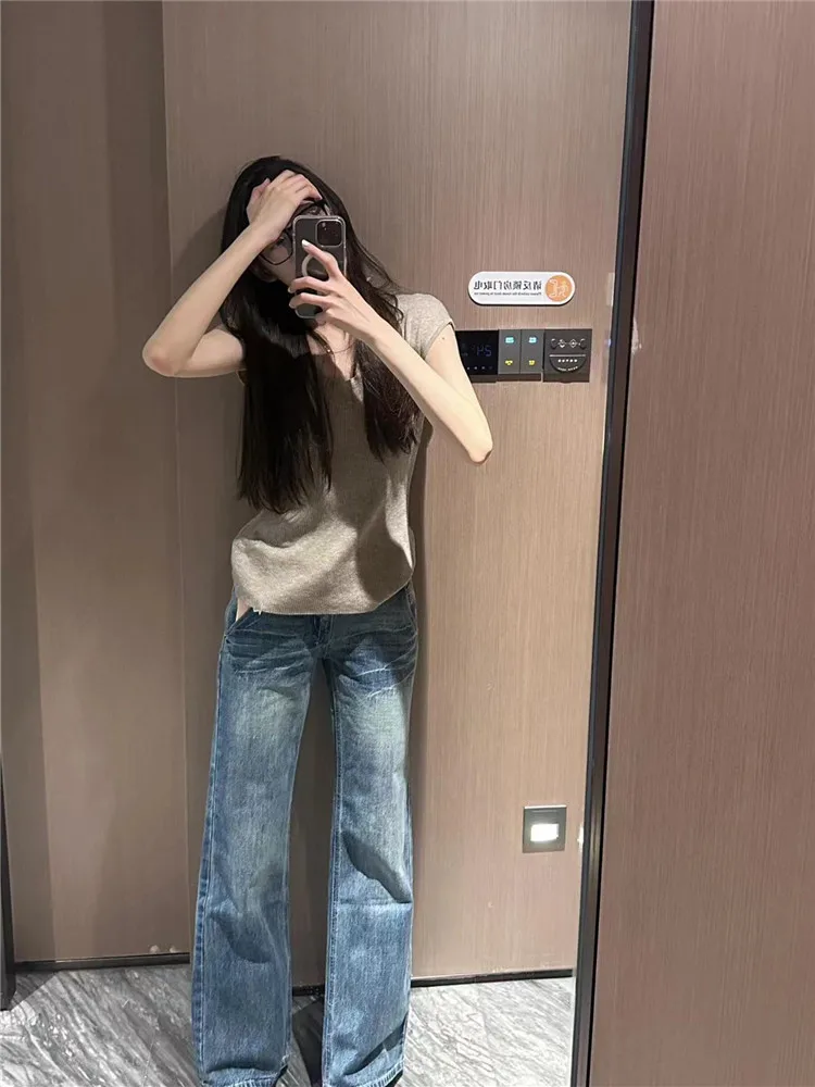 American Retro Low Waist Bell Bottom Jeans Women's Slimming Long Draping Pants Summer Fashion High Waist Extended Length