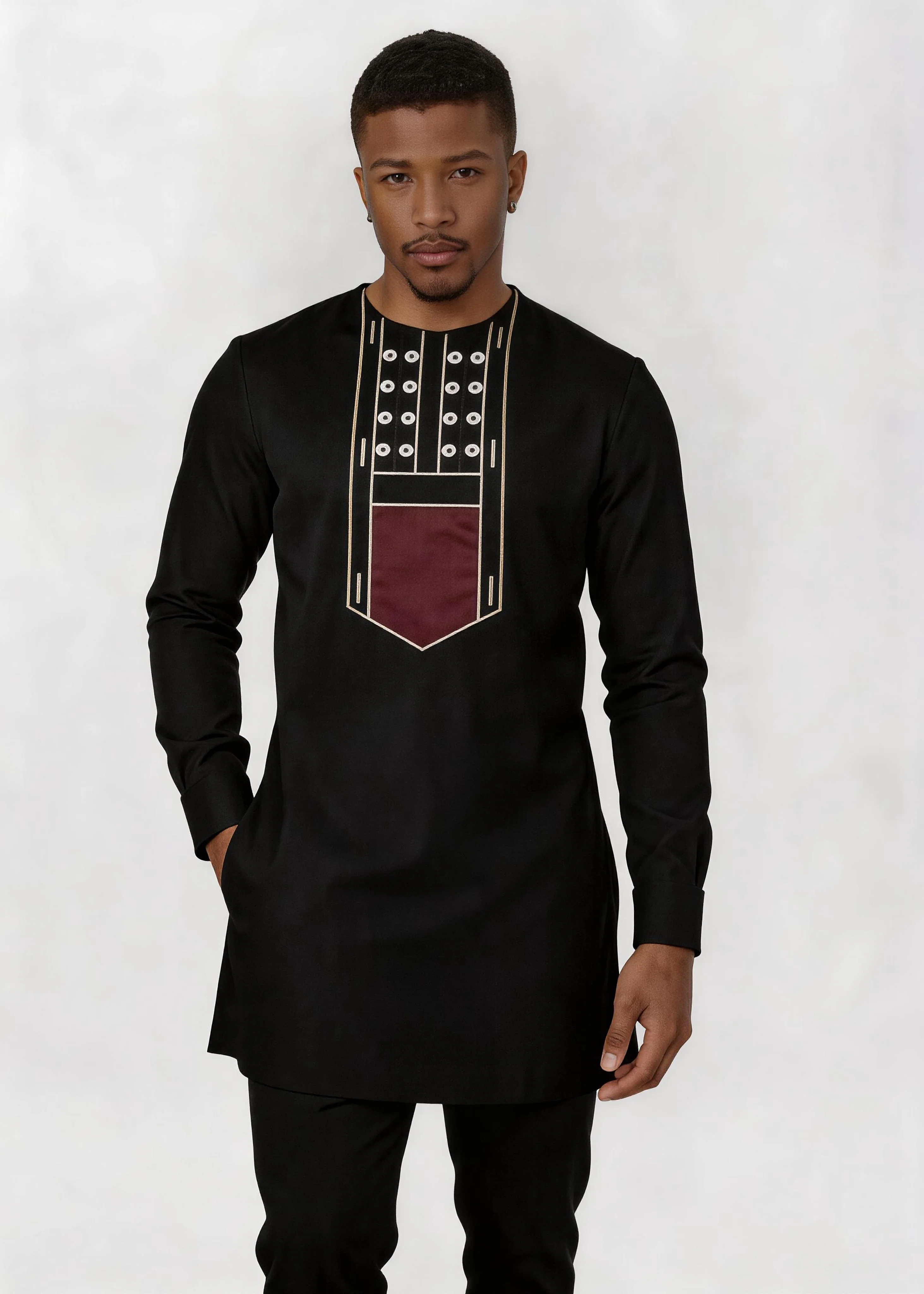 Men African 2‑Piece Outfit Black Crew Neck Geometric Embroidery Long Sleeve Tunic Top Pants Set Casual Party Traditional African