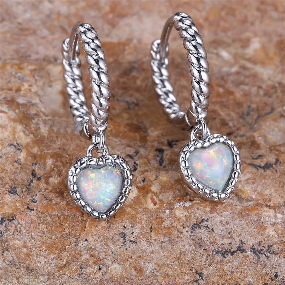 Luxury Female White Fire Opal Stone Heart Hoop Earrings Silver Color Unique Gift Party Wedding Jewelry For Women