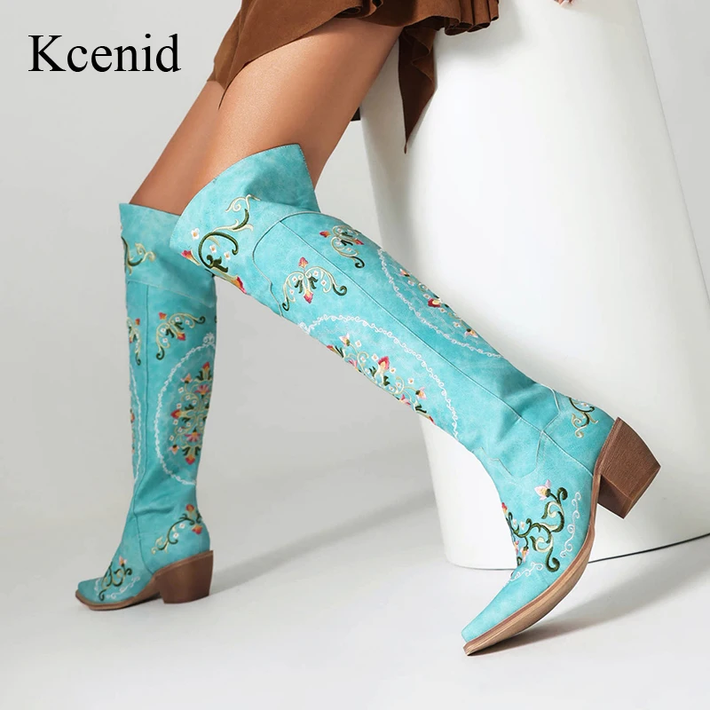 

Kcenid Fashion Autumn Winter Over The Knee Boots New Pointed Toe Print Vintage Long Boots Ladies Plus Size Square Heel Shoes