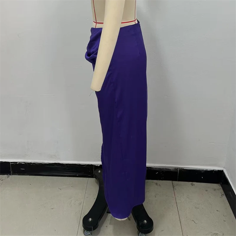 KEYANKETIAN letnia nowa damska fioletowa satynowa spódnica MIDI zamek błyskawiczny z tyłu wysoka talia plisowana dekoracja boczne rozcięcie spódnica do kostek