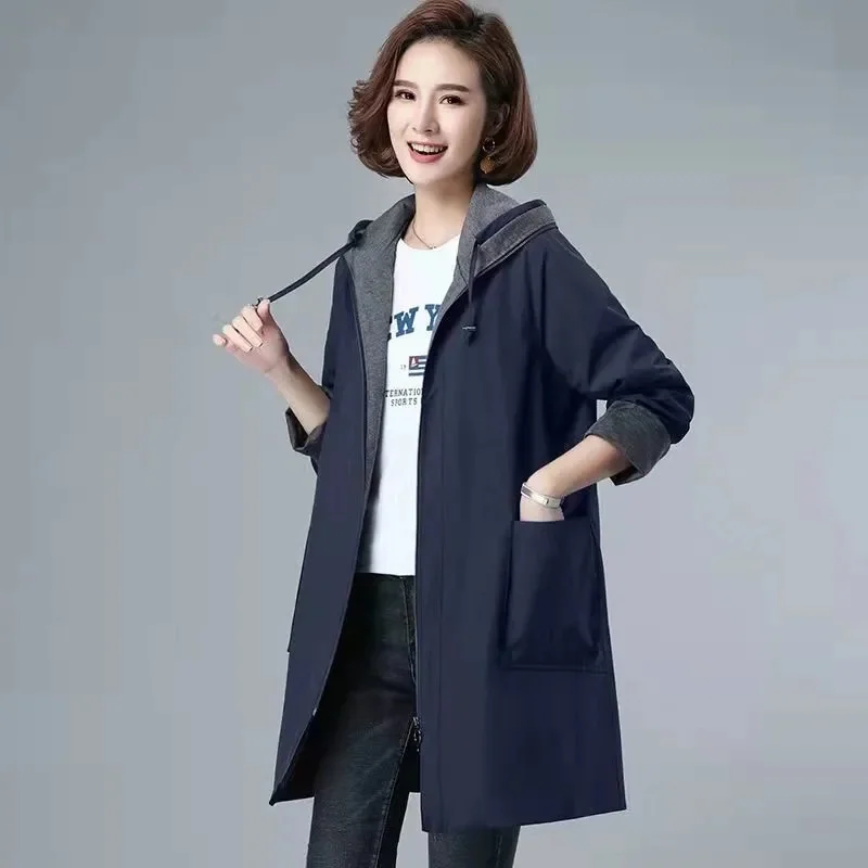 New Autumn Women's Jacket Lining Mid Long Overcoat Casual Loose Basic Coat Hooded Windbreaker Female Loose Jackets Outwear