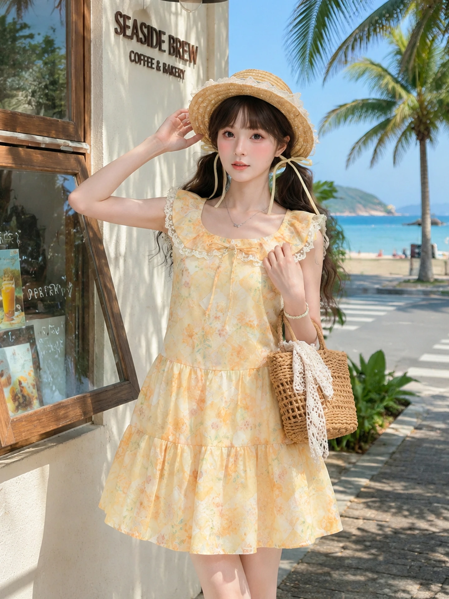 Sweet Floral Print Loose Sleeveless Dress Lace Collar High Waist Short Skirt Style Summer Women's Clothing Casual A-Line Dress