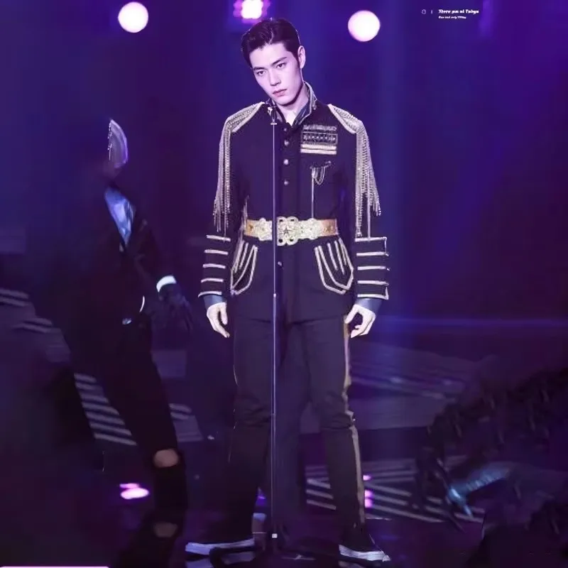 Mens Court Stand Gold Tassel Blazer Ball Suit Jackets Male Punk Rock Singer Concert Leading Dance Costume Performance Stage Coat