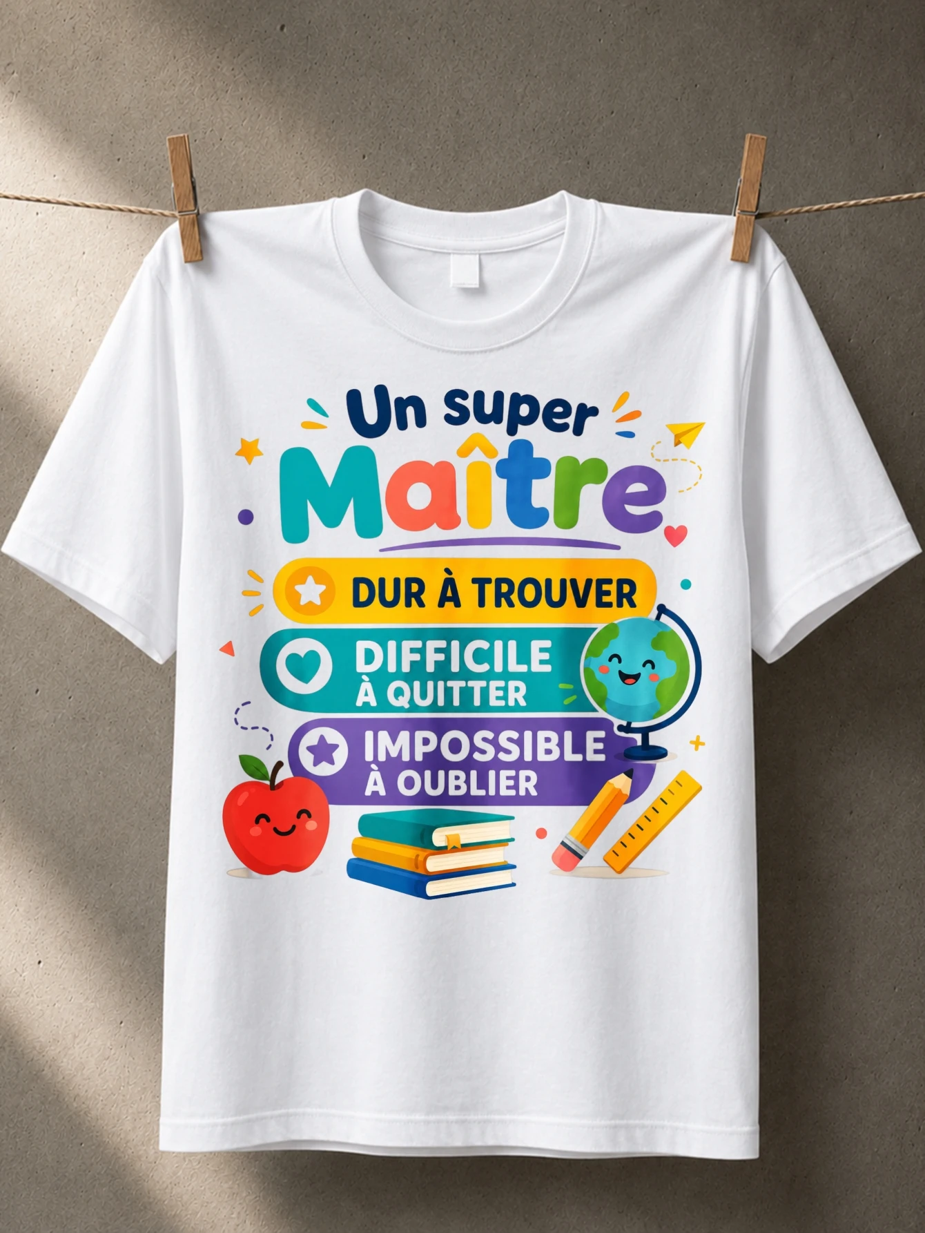 Un Super Maitre with colorful French teacher quote books apple globe pencil and cheerful classroom  Unisex All T-Shirt