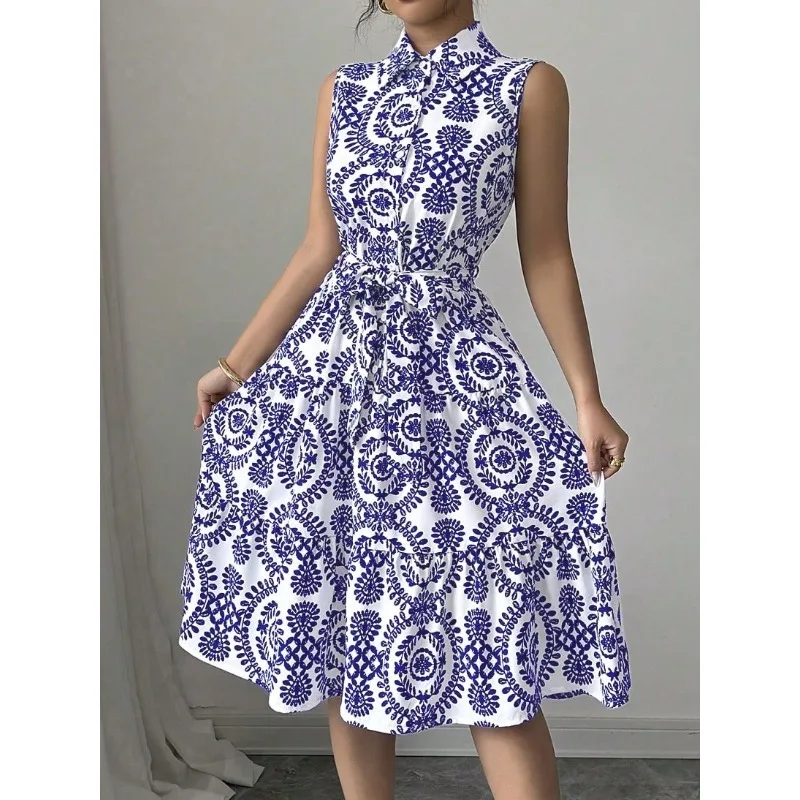 Women's Fashion Collar Waist Strap Tank Dress Ladies Casual Floral Printed Comfortable Sleeveless Party Dress