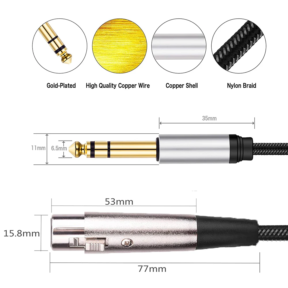 Cable de interconexión equilibrado 1/4 TRS 6,5 macho a XLR Cable trenzado de Audio XLR (3 pines) a 6,35mm para mezclador de altavoz de micrófono de