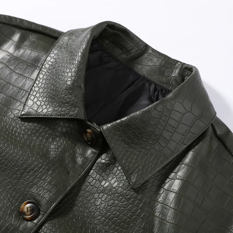 Damen Kunstlederjacken mit Krokodilhaut-Optik, Revers, Langarm, Einreihig, mit Taschen, Herbstmantel, Lockerer Schnitt, Neue Oberbekleidung – Detail 6