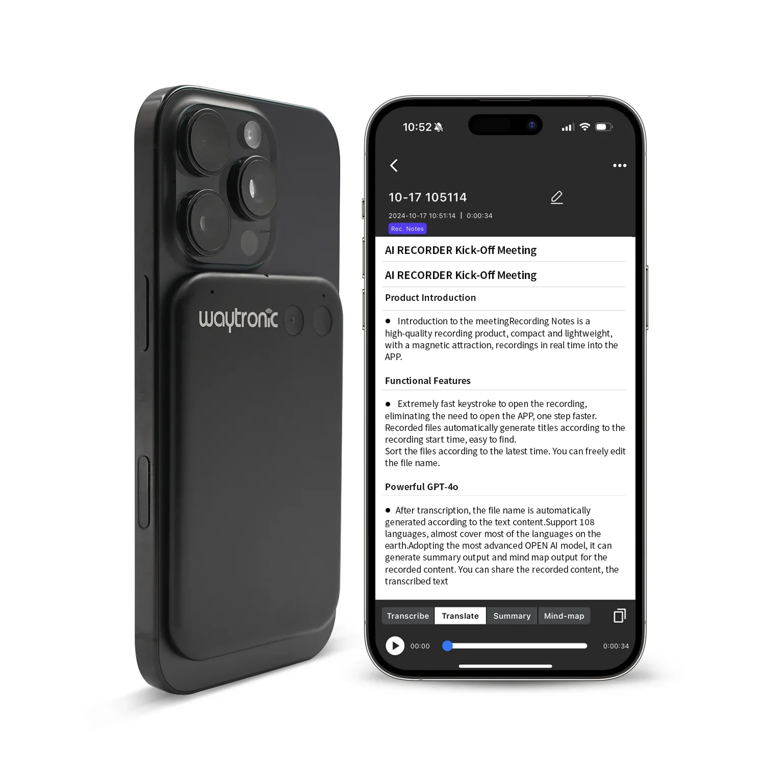 Neueste AI App Smart Magnet Diktiergerät Telefonanruf Aktivierter Diktiergerät mit Sprachübersetzung und Summarize MP3-Audioformat