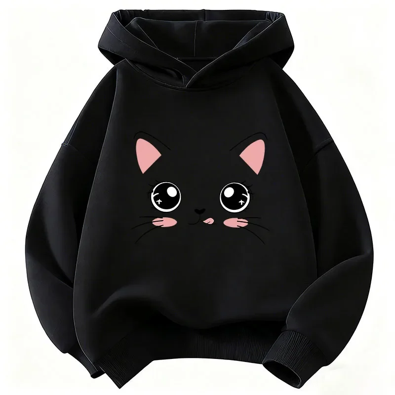 Katzen-Hoodie, süßes Kawaii-Anime-Gesicht, rosa Ohren, Mädchen, Kinder, Cartoon, Y2K-Ästhetik, weiß, Oversized, lässiger Sport-Sweatshirt – Detail 6