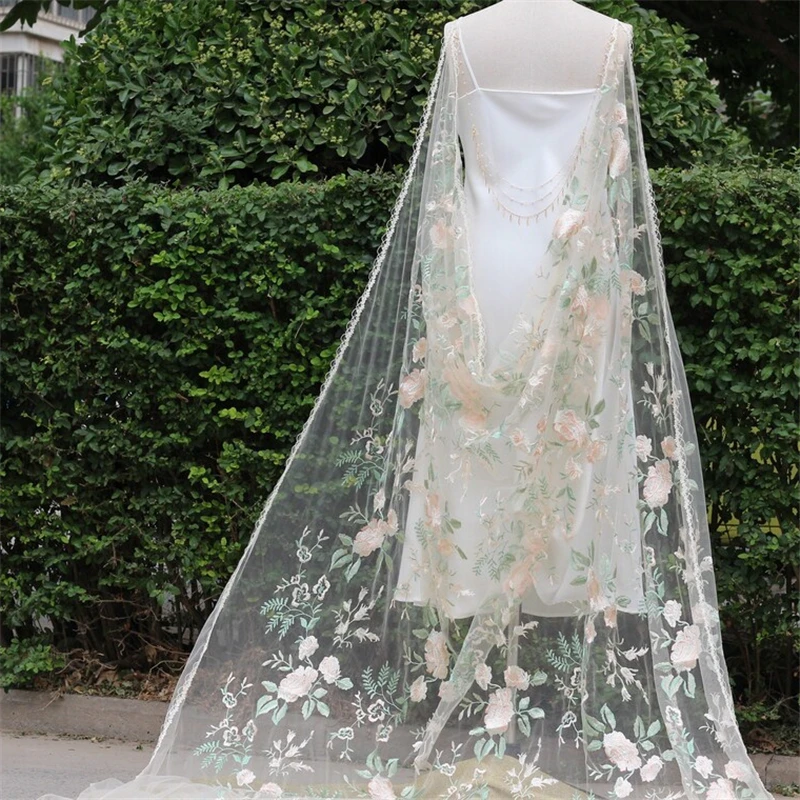 Floral casamento nupcial ombro drapeado capa véus acessórios para noivas flores verde rosa longo catedral única renda tule