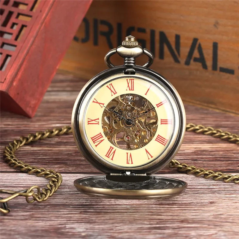 Vintage Style Unisex Hand Winding Mechanical Pocket Watch Roman Numerals Display Hollow Bronze Pendant Watches Clock FOB Chain