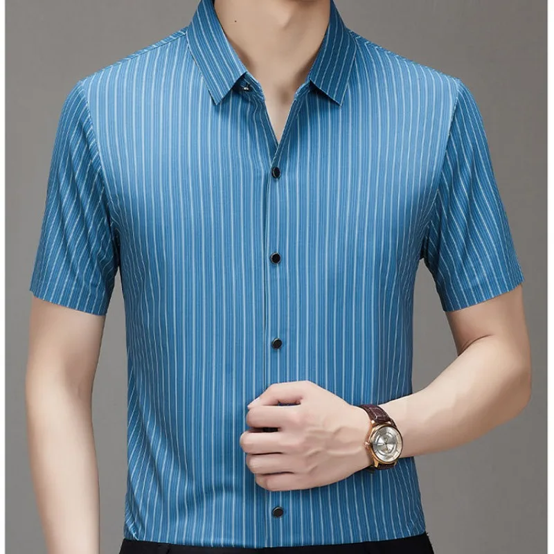 

Summer Turn-down Collar Striped Men's Button Short Sleeve Cardigan Contrast Color Clothing Shirt Casual Business Boyfriend Tops