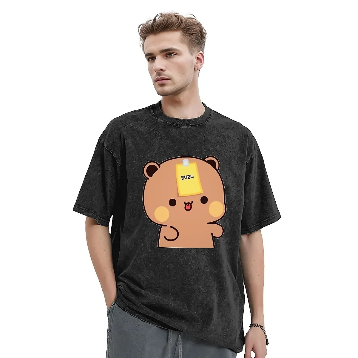 BUBU DUDU Washed T Shirt Men Cute Bear Vintage Simple T Shirts Summer O-Neck Kawaii Tees Custom DIY Plus Size Clothes