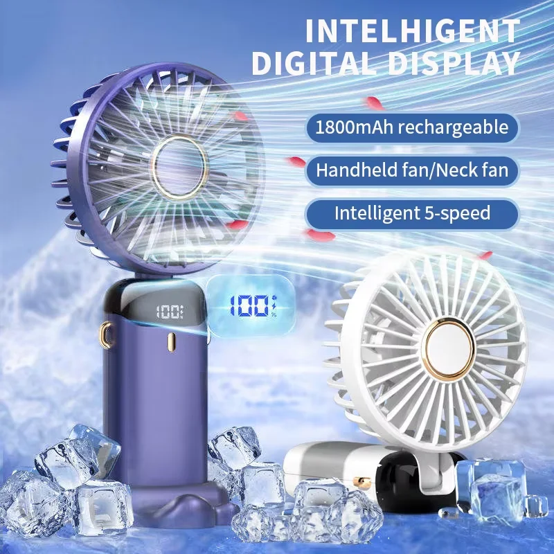 Ventilador Portátil Mini Dobrável para Pendurar no Pescoço, 5 Velocidades, Recarregável via USB, com Suporte para Celular e Tela de Exibição, 1800mAh
