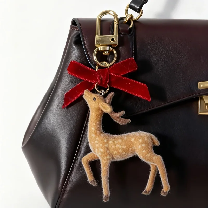 10pcs Flocked Deer Pendant DIY Accessories, Flocking Animal Flower Beaded Keychain, Unique Niche Bag Chain Charm, DIY Keychain
