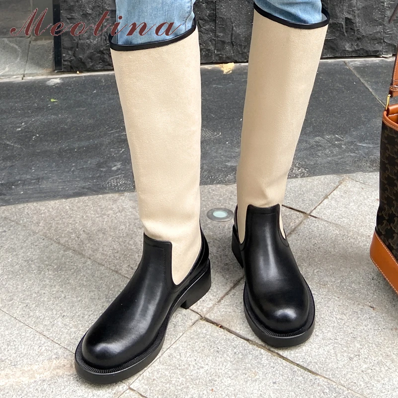

Meotina Women Genuine Leather Knee High Boots Round Toe Platform Flat Fashion Mixed Colors Ladies Long Boot Autumn Winter Shoes