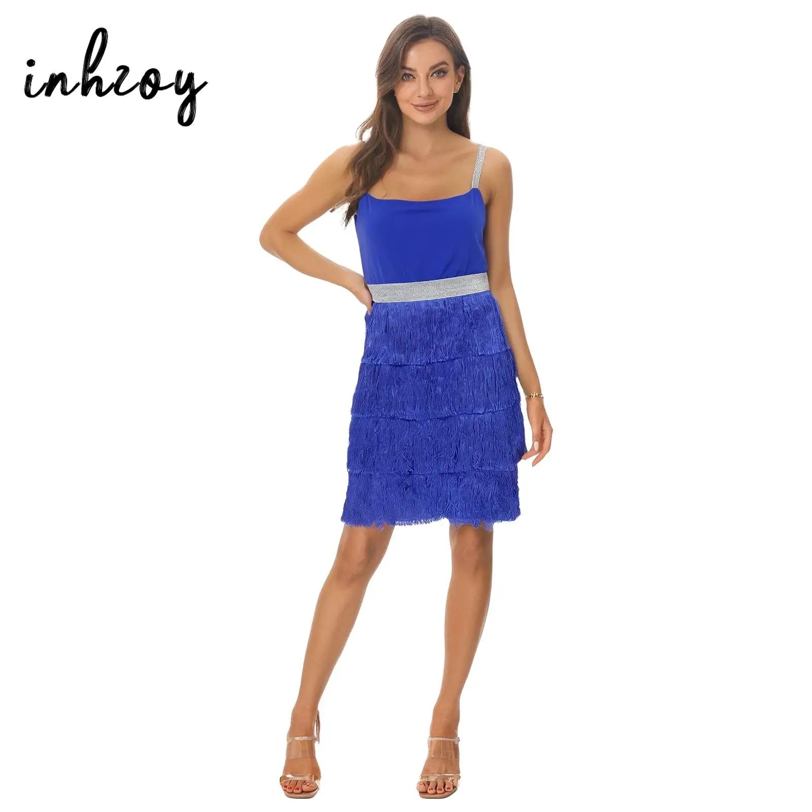 

Womens Disco Tassel Sling Bodycon Dress Sleeveless High Waist A-line Mini Dress for Latin Chacha Ballroom Cocktails Club Party