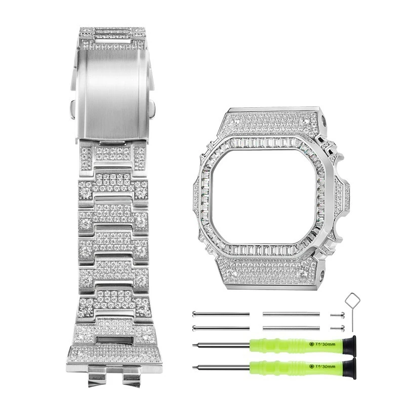 For GMW-B5000 Watch Strap & Bezel Modified Diamond Studded Starry Sky Stainless Steel Case Watchband B5000 Solid Steel Bracelet