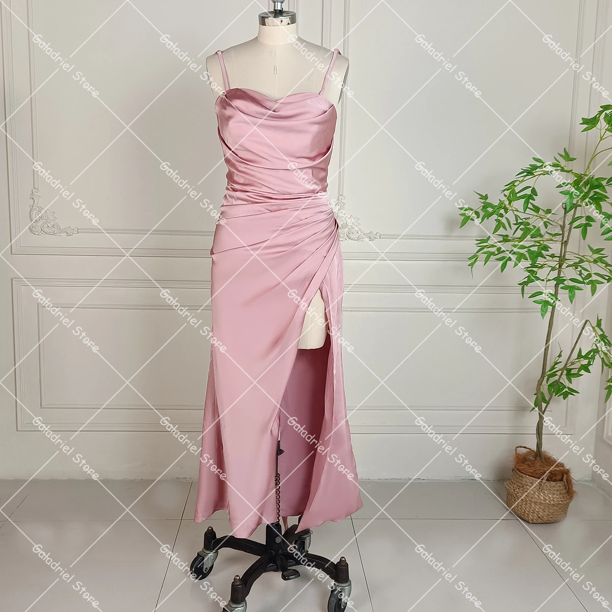 Customized Cowl Neck Sheath Ankle Length Evening Dress Glossy Satin Soft Laceup High Slit Chic Spaghetti Straps Bridesmaid Gowns