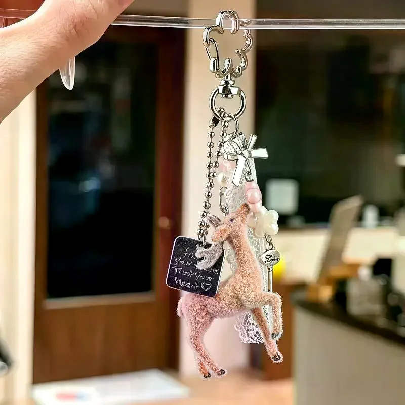 Cute Flocked Deer Keychain Creative Pearl Beads Inspirational Tag Pendant for Backpack Car Key Party Favor Gift