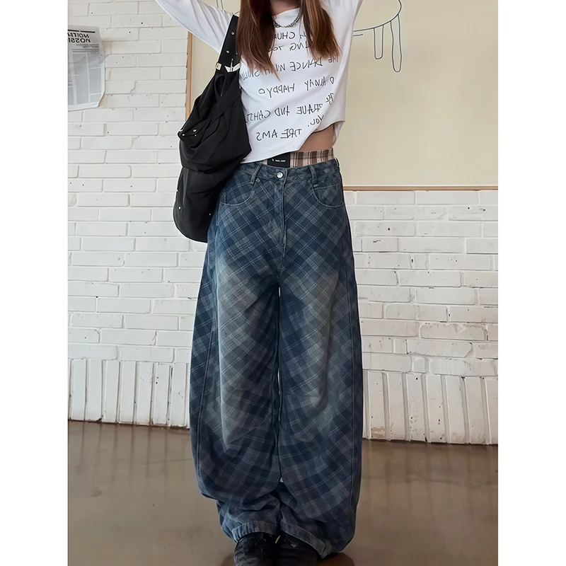 RORIRI Amerikanische Retro-Baggy-Jeans, Unisex, gewaschen, kariert, gerades Bein, Hose mit abgerundetem Saum, lockere Passform, Damen-Trend-Buchstabendruck