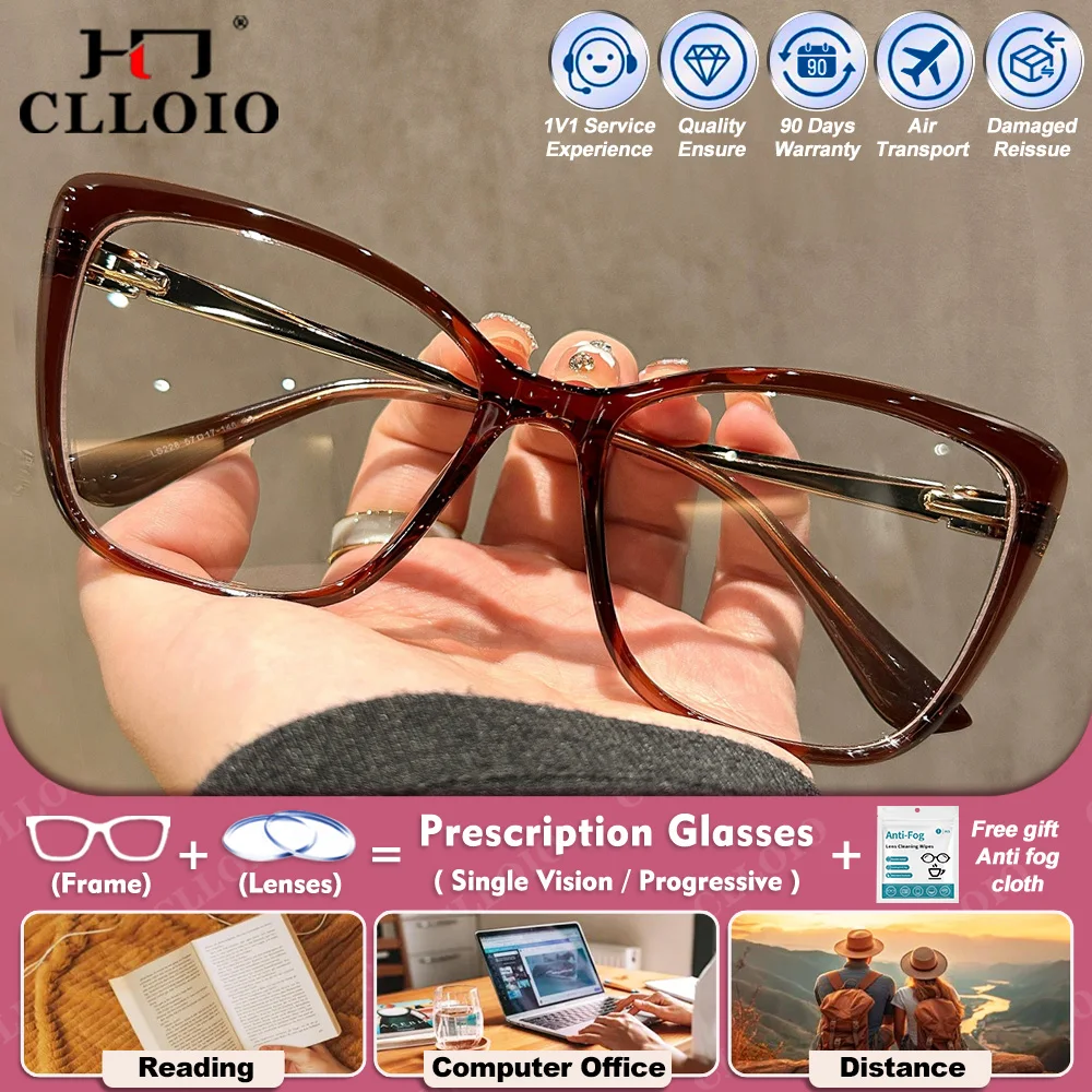 

CLLOIO Fashion Lady Cat Eye Progressive Reading Prescription Glasses Anti Blue Light Optical Myopia Photochromic Outdoor Eyeware