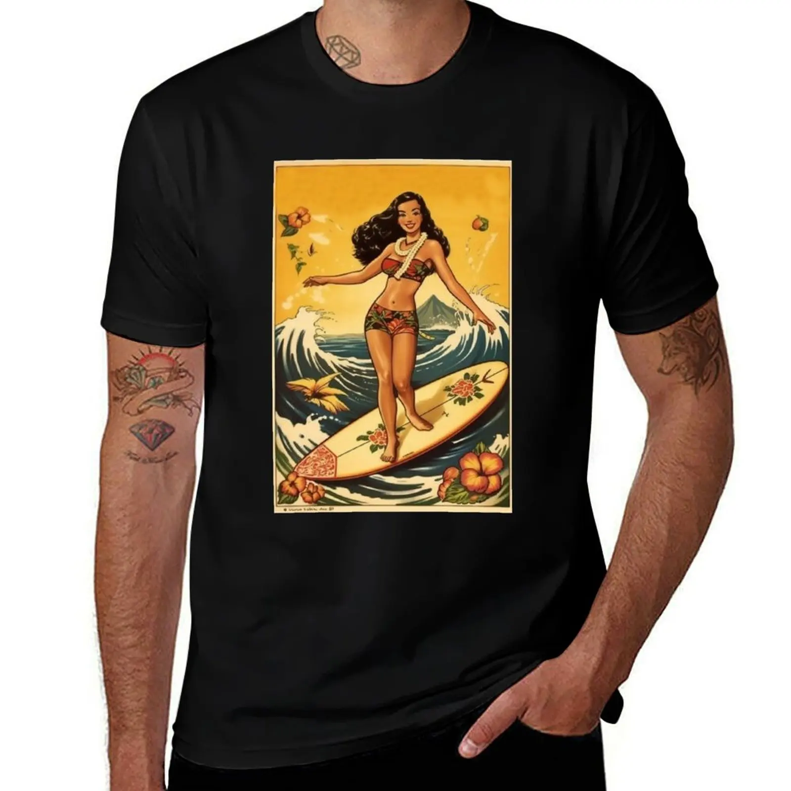 

Classic Sailor Jerry Hula Girl Dancing with Surfboard Art Print Vintage Hawaiian Poster T-Shirt Mechanic Work Tee Shirt