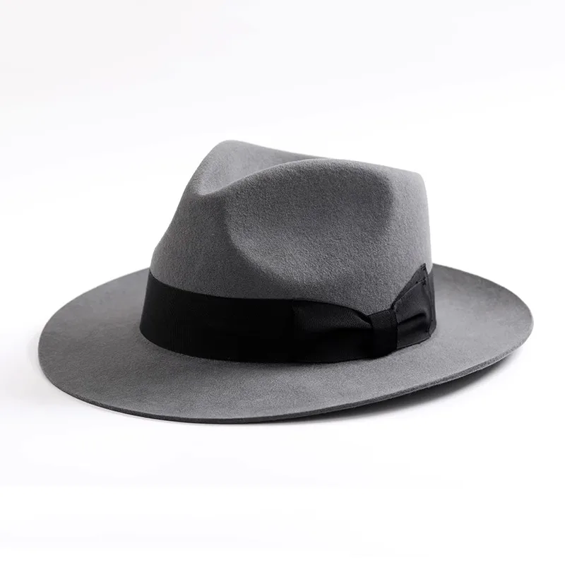 LIHUA Brand Men\'s Wool Felt Water Repellent Outback Fedora , Costume Accessory Gangster Black Pinched Hat with Grosgrain