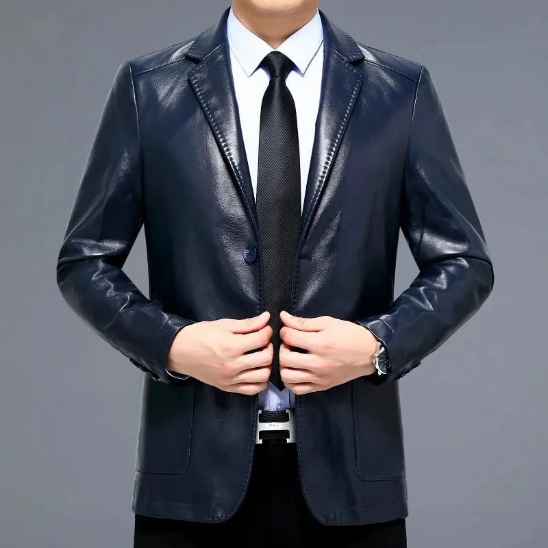 2025 new Haining genuine leather jacket men's slim sheepskin suit stand collar casual middle-aged Korean