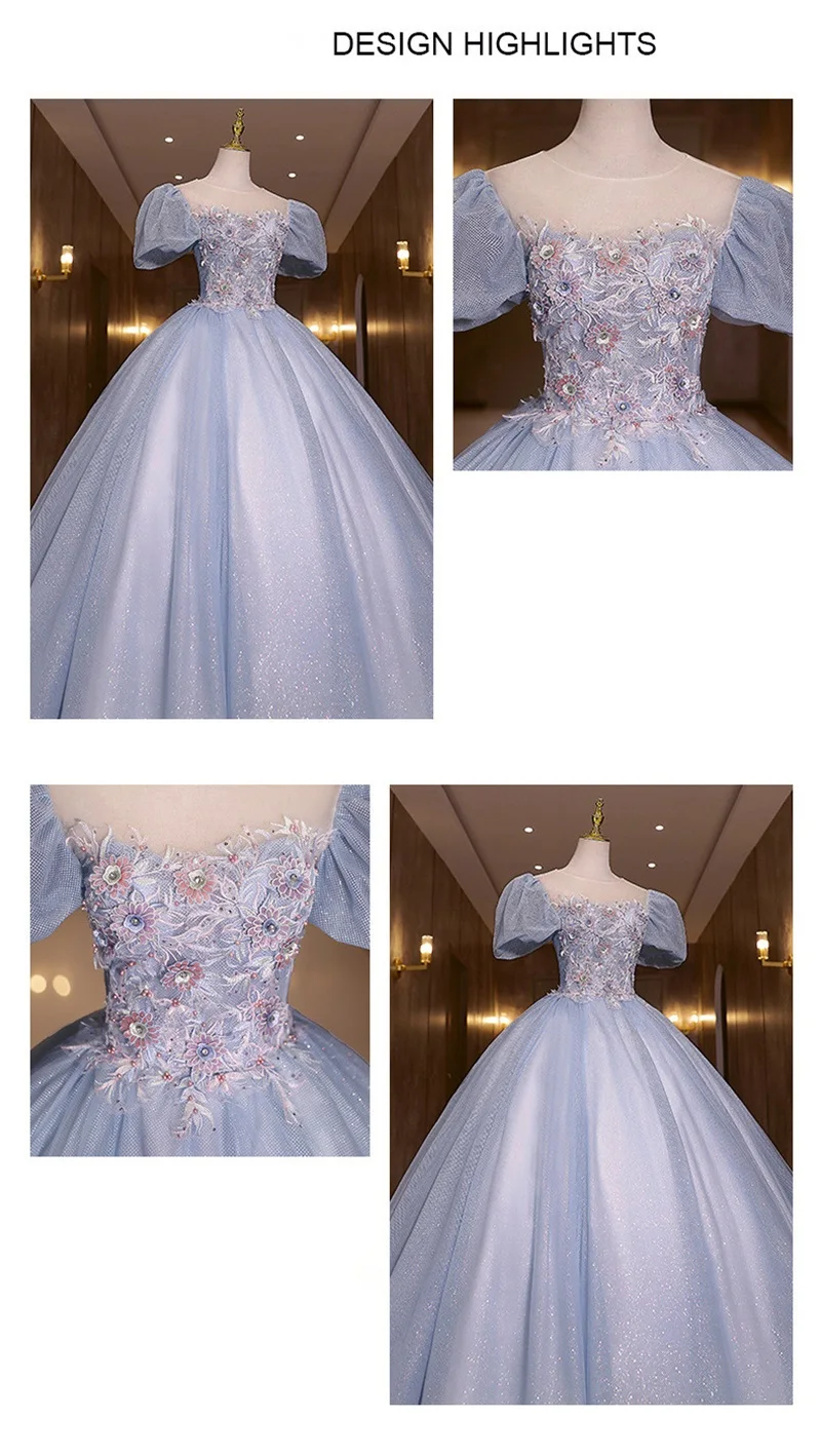 Robe De bal bleue à manches courtes, avec des appliques De perles et des paillettes, tenue De soirée à paillettes, à fleurs 3D