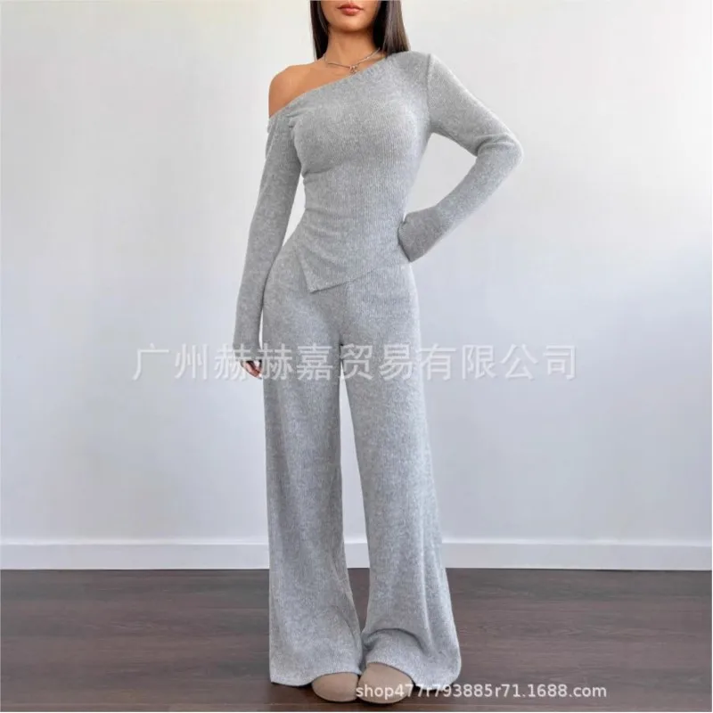 Autumn Casual Solid Color Women's Two-piece Sexy Sloping Collar Slim-fit Irregular Top Paired With Wide-leg Pants Knitted Suit