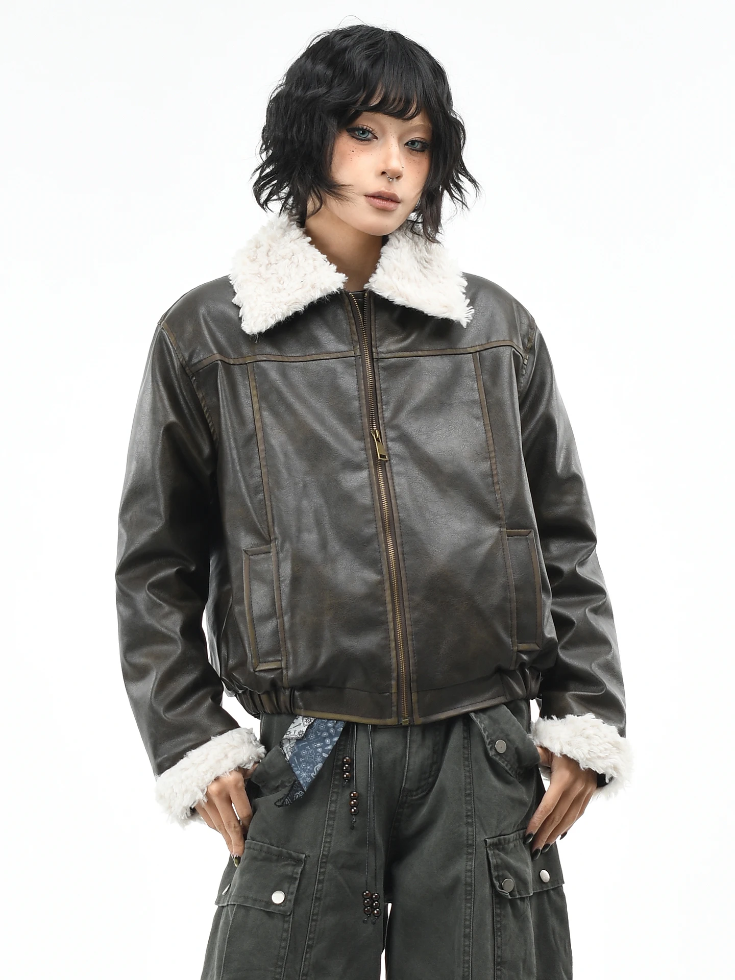 

OV Original American Retro Cotton PU Leather Jaet Women Winter Loose Thi ort Motorcycle Cotton Coat with Fur Collar