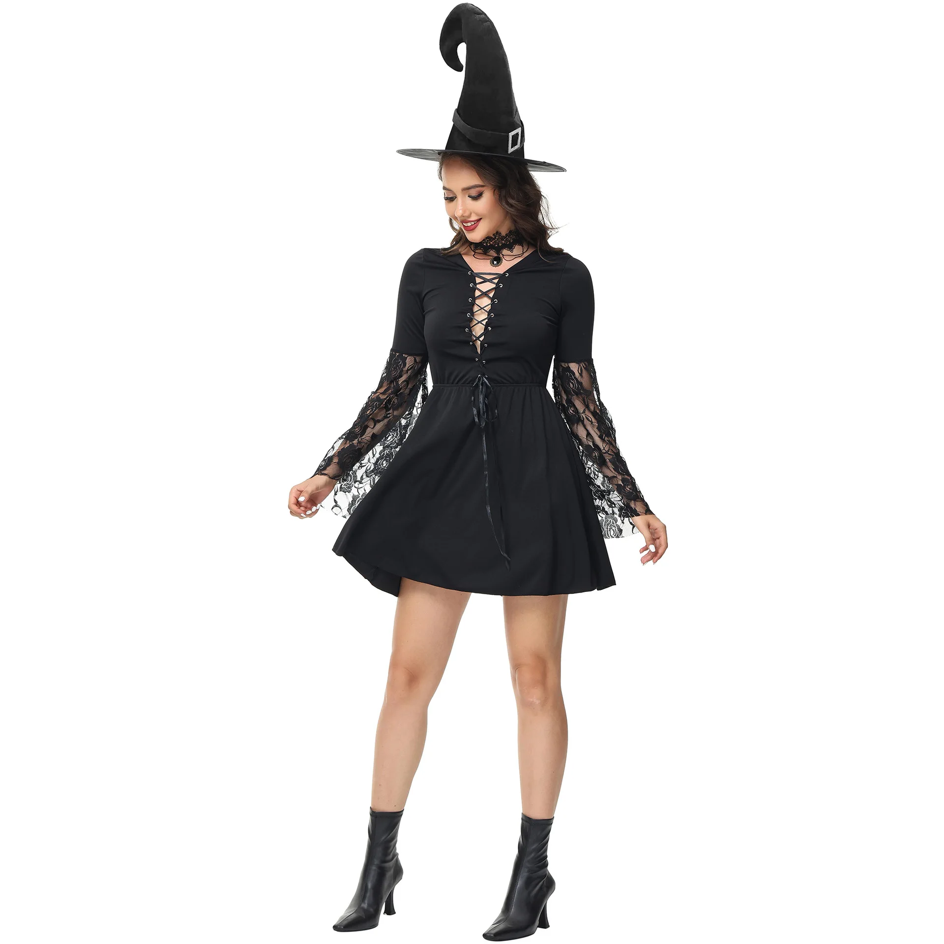 Gothic Witch Costume, Women Witch Dress, Black Lace Bell Sleeves, Lace-Up Front, Mini Length with Hat