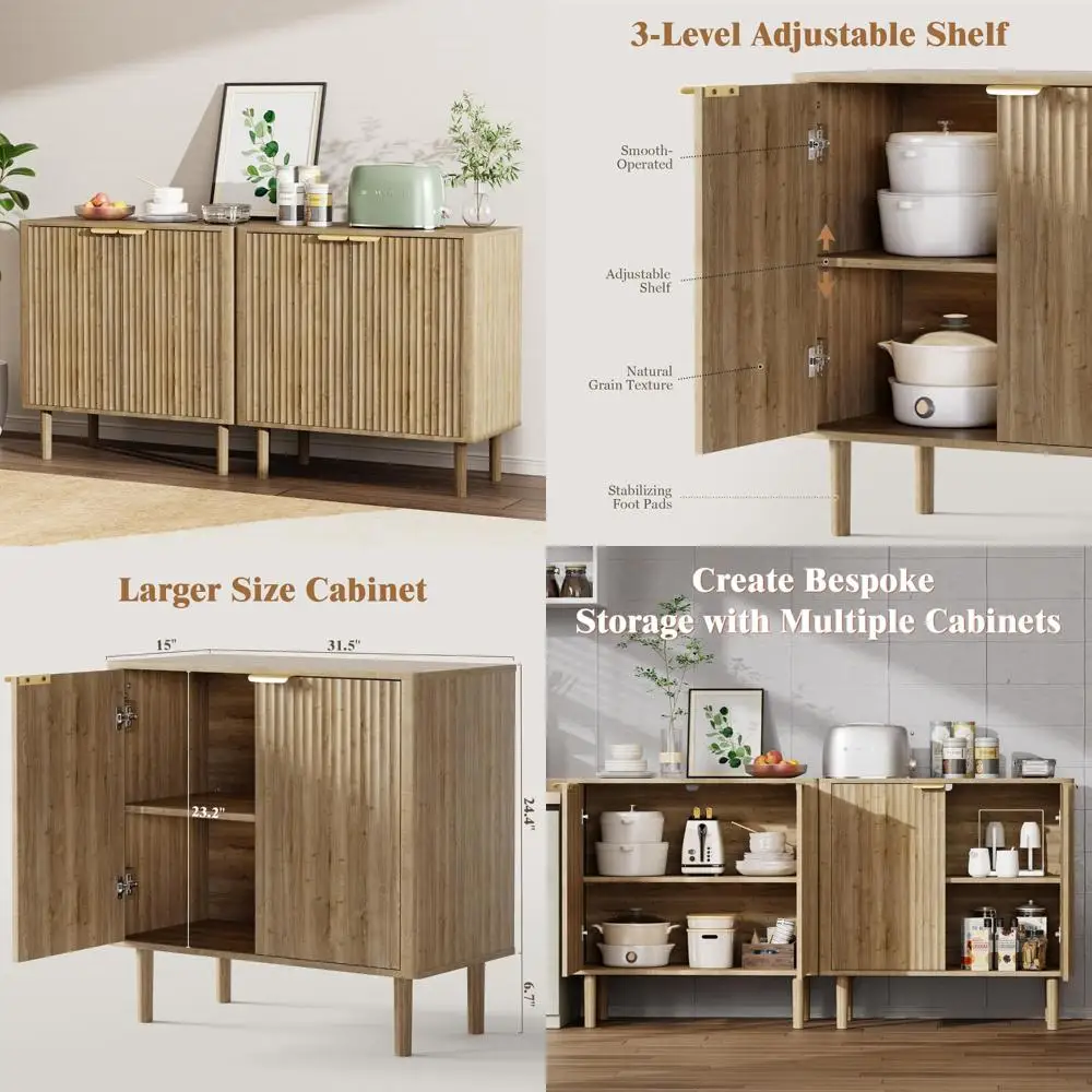 

Modern Fluted Sideboard Buffet Cabinet with Storage, Adjustable Shelves and Doored Credenza for Coffee Bar Console Table