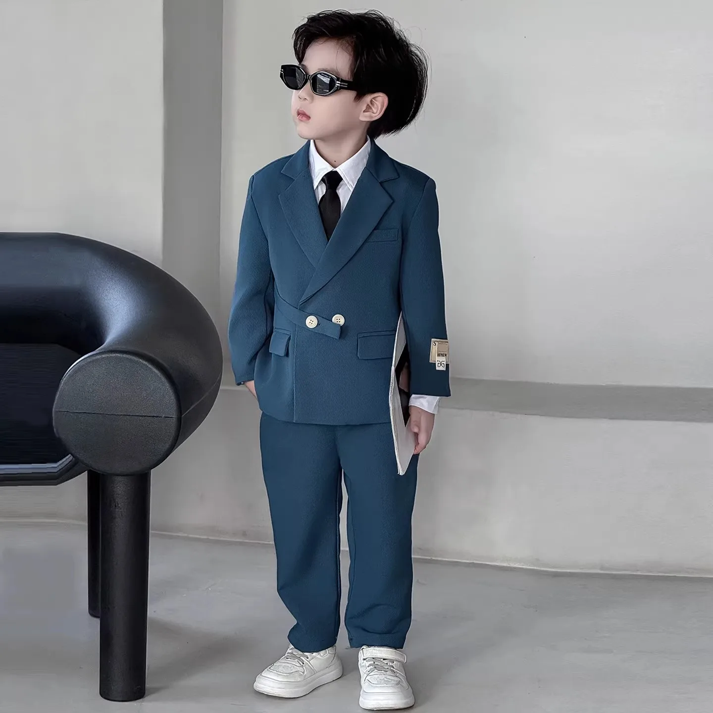 Little Boys 3Pieces/Set Jacket Pants Necklace kids Formal Host Piano Performance Suit Clothes Set Children Photography Dress